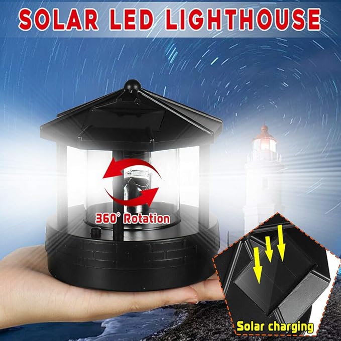 4.33inch LED Solar Powered Lighthouse, IP44 Waterproof, 360 Degree Rotating Lamp Waterproof Statue Rotating Lights for Garden Yard Outdoor Decor(Black,Size:M)