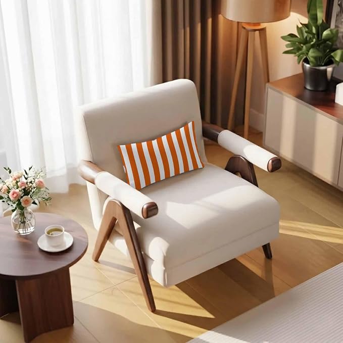 Burnt Orange Striped Outdoor Chaise Lounge Head Pillow with Insert,Thanksgiving Orange White Stripes Waterproof Headrest Lumbar Pillow Cusion Cover with Elastic Strap for Patio Recliner,12"x20"2PCS