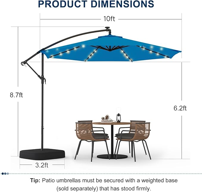 10FT 40-LED Solar Lighted Patio Umbrella with Base Included, Outdoor Offset Cantilever Umbrella, Infinite Tilt, UV Protection for Backyard, Lawn, Garden & Pool