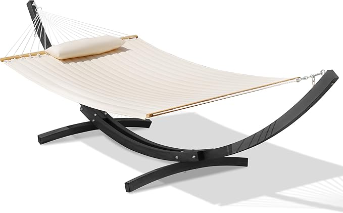 Lazy Daze Hammocks 12 FT 2 Person Double Quilted Hammock with Curved Steel Heavy Duty Stand and Pillow for Outside, Backyard, Patio, 450 Lbs Capacity, Cream