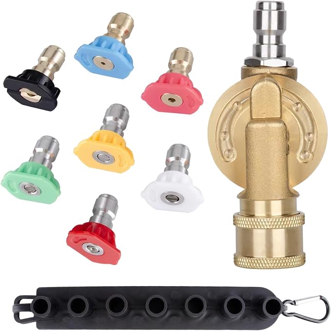 Pressure Washer Pivoting Coupler Kit - 240 Degree Rotation, Includes Gutter Cleaner Attachment, 7 Spray Nozzle Tips with Holder,1/4" Quick Connect - 4500 PSI