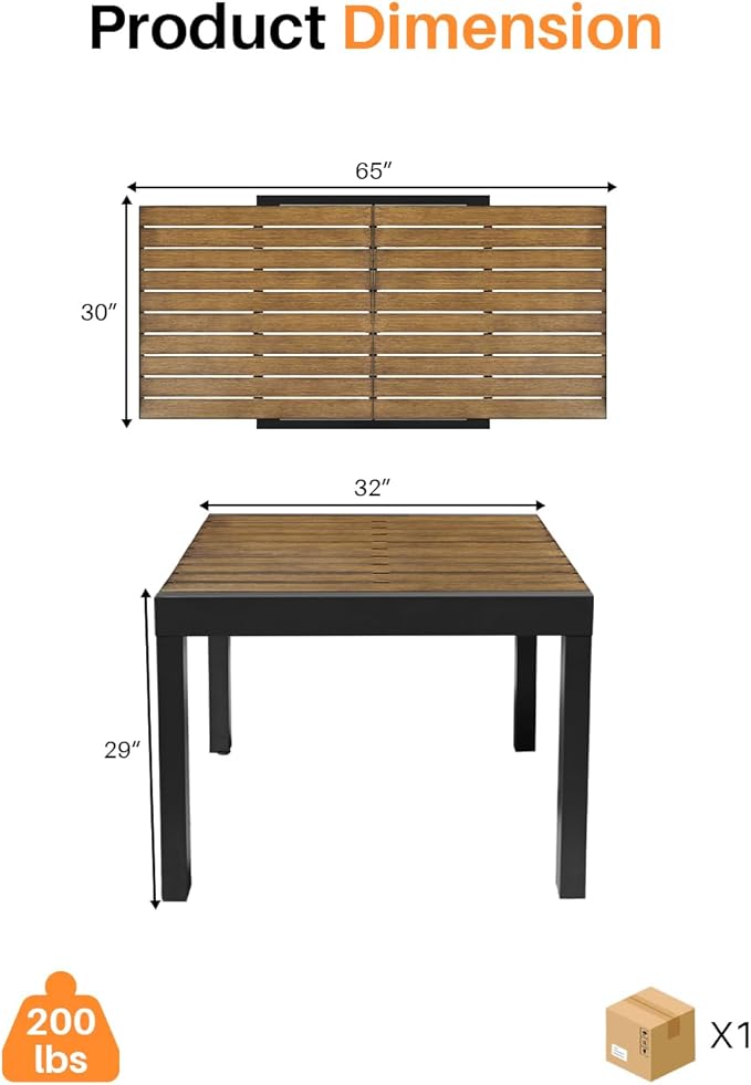 Expandable Patio Dining Table, Never-Rust Aluminum Extendable Outdoor Dining Table for 4-6 Person, 32"-65" Adjustable Indoor Outdoor Expandable Patio Table for Garden, Porch, Deck, Teak