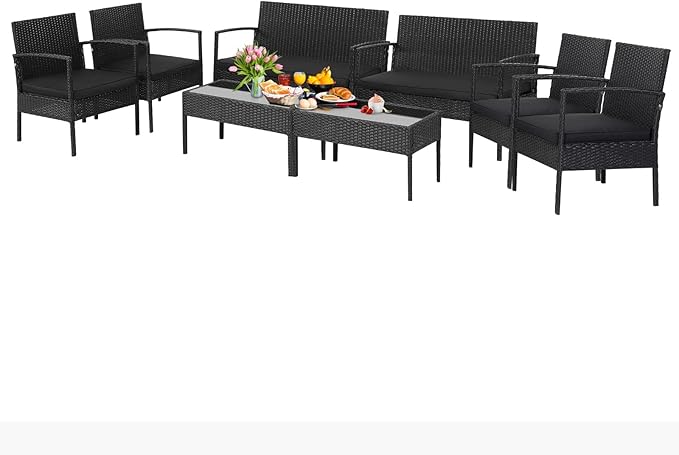 Tangkula 8 Piece Patio Rattan Conversation Set, Outdoor Wicker Furniture with Glass Coffee Table, Solid Steel Structure, Ergonomic Seat, Suitable for Garden, Courtyard, Balcony, Poolside