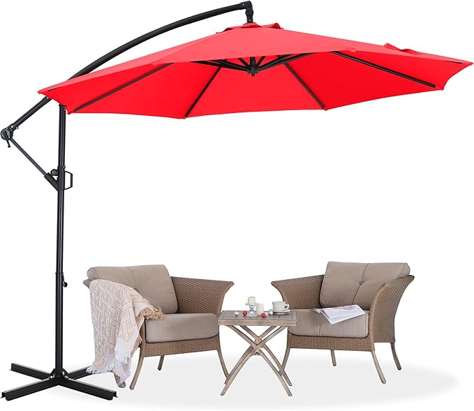 ABCCANOPY 10FT Cantilever Patio Umbrella with base included, 360° Rotation Outdoor Offset Umbrella for Backyard, Deck, Poolside (Red)