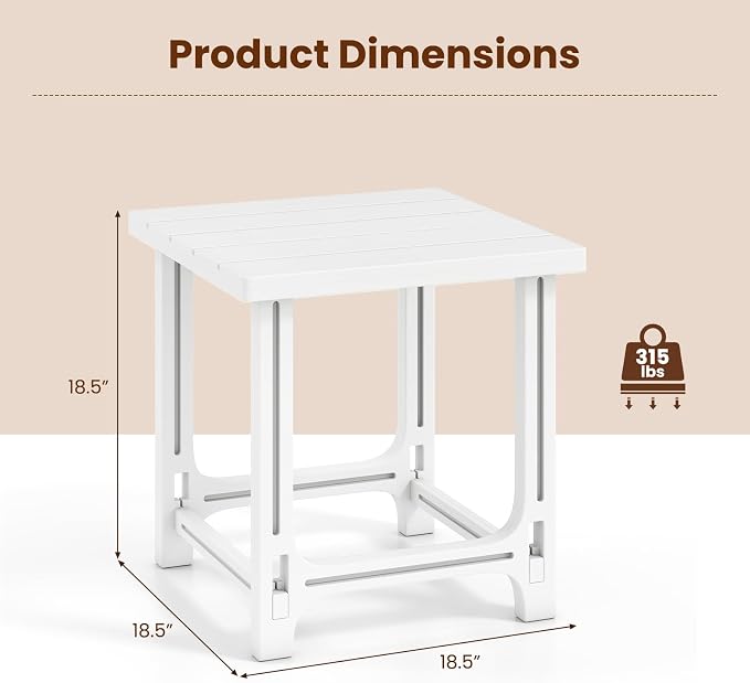 Tangkula Outdoor Adirondack Side Table, 18" Heavy Duty HDPE Patio End Table with Slatted Surface, 0-Screw Assembly, Easy Maintenance, Small Outdoor Side Table for Porch, Pool, Garden, Deck (White,1)