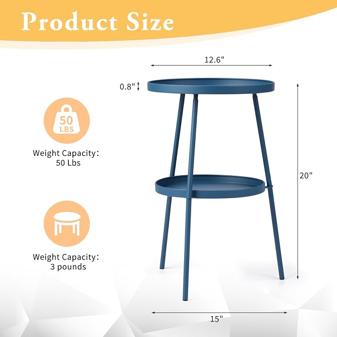Outvita Outdoor Round Side Table, Small Metal End Table Black Coffee Table for Patio Lawn Garden Living Room Bedroom Sturdy (Double Layer, Navy Blue)