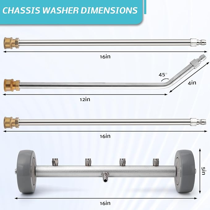 Undercarriage Pressure Washer Attachment, 16 Inch Under Car Washer with Extension Wands for 1500-4000 PSI, 4 Nozzle Underbody Cleaner for Trucks, SUVs, Vehicles - Effortless Under Carriage Cleaning