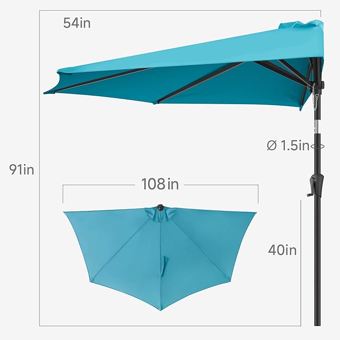 9ft Half Umbrellas Outdoor - Half Patio Umbrella with Tilt, UV Protection Waterproof, Half Round Umbrella for Wall Balcony, Pool, Porch, Garden, Deck, Backyard (Aqua Blue)