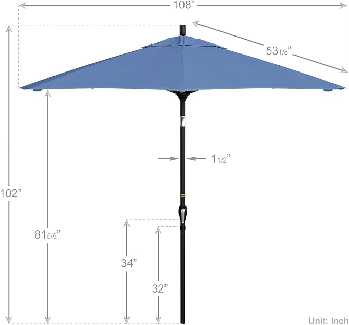 California Umbrella 9' Round Aluminum Market Umbrella, Crank Lift, Push Button Tilt, Black Pole, Pacifica