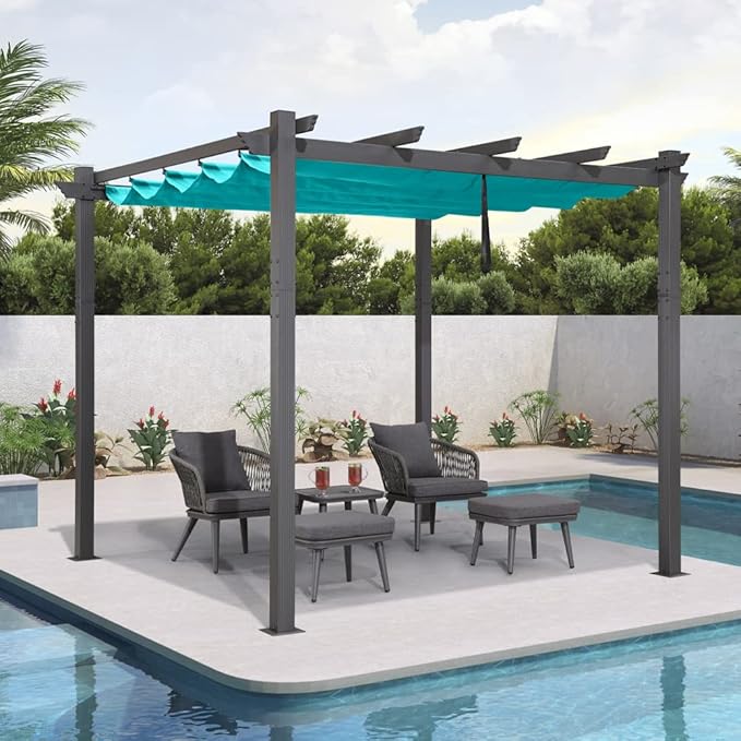 PURPLE LEAF 10' X 10' Outdoor Retractable Pergola with Sun Shade Canopy Patio Metal Shelter for Garden Porch Beach Pavilion Grill Gazebo Modern Yard Grape Trellis Pergola, Turquoise Blue