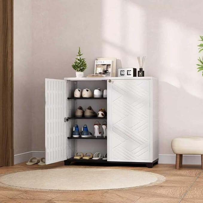 Mrosaa Outdoor/Indoor Storage Box,Resin and Plastic Storage Cabinet Waterproof,Outdoor Cabinet for Patio/Garden/Balcony/Backyard/All Room(with 3 Shelves)-White