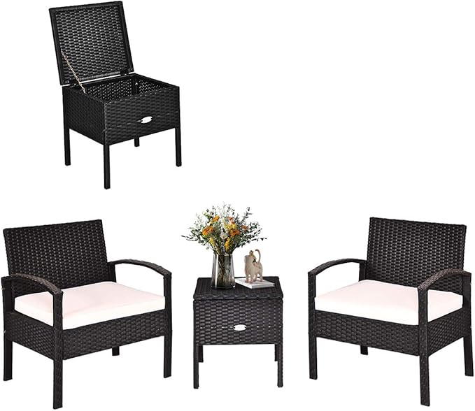 Tangkula 3 Piece Patio Wicker Conversation Set, Outdoor Rattan Furniture with Washable Thick Cushion & Coffee Table w/Storage Space, Patio Furniture Set for Backyard Porch Garden Poolside (White)