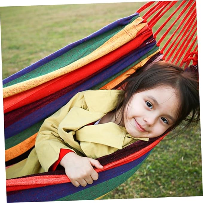 Homoyoyo Outdoor Camping Canvas Hammock Swing Striped Hanging Chair 190x85cm Rainbow Color Portable Patio Garden Hammock for Travel and Indoor Use