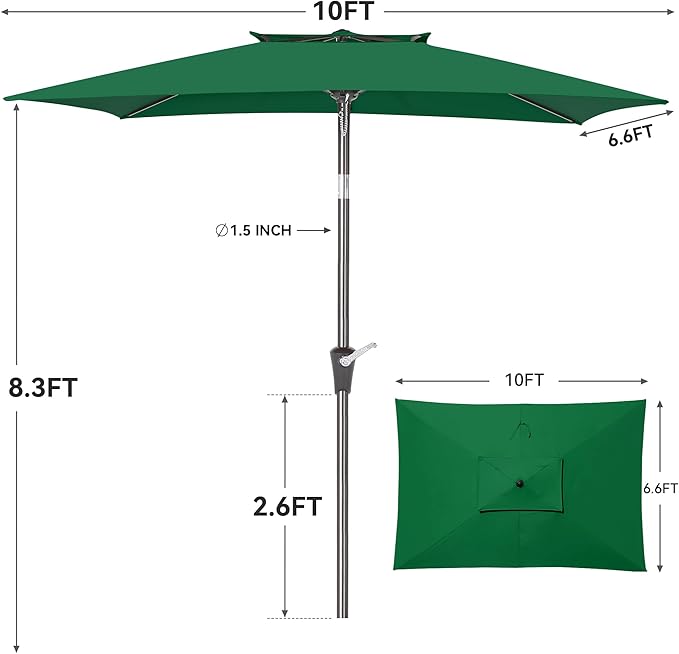 6.6 x 10 ft Rectangular Patio Umbrella, Outdoor Market Table Umbrella with Push Button Tilt and Crank, Double-Tier Vent, 6 Ribs, Rectangle Patio Umbrella for Backyard, Deck, Pool, Fits 4–6 Chairs and Tables (Dark Green)