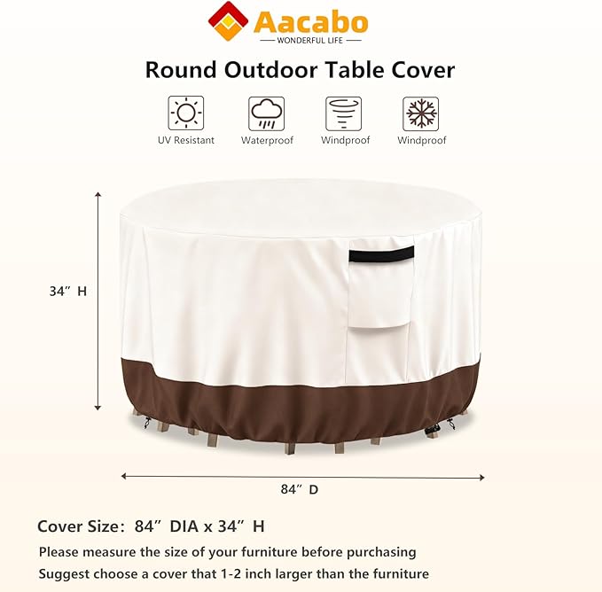 Outdoor Round Table Cover Waterproof Patio Furniture Covers,Patio Round Table Chair Set Covers - 84" Dia x 34" H (Beige & Brown)