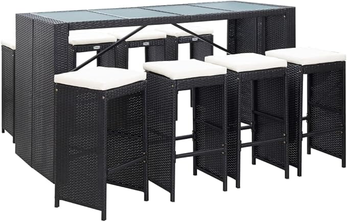 9 Piece Patio Bar Set,Wooden Picnic Tables Seating Set Conversation Patio Furniture for The Patio, Deck, Front Porch, Poolside or Balcony Poly Rattan Black
