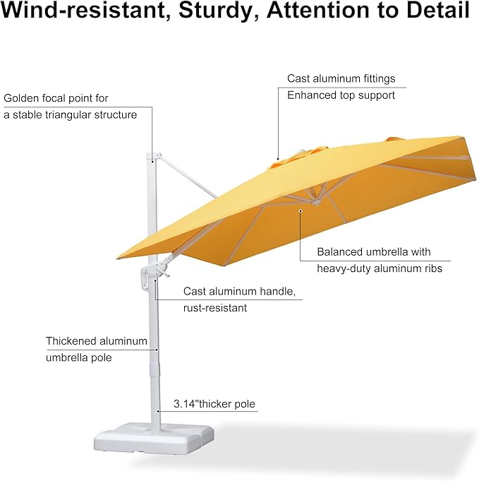 PURPLE LEAF 9 FT Patio Umbrella With Base White Cantilever Umbrella Square Outdoor Offset Umbrella Windproof with 360° Rotation for Garden Deck Pool, Yellow