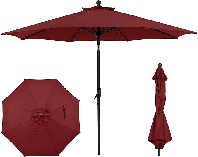 9FT Outdoor Patio Umbrella with Crank Lift & Auto Tilt - Market Umbrella, 8 Heavy-Duty Ribs, UV Resistant & Water-Repellent for Garden, Deck, Poolside & Backyard