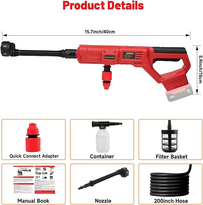 Cordless Cleaner Tool for Milwaukee M18 Battery, Portable Handheld Car Cleaner 1000PSI with 6-in-1 Nozzle & 16.5FT Drain Hose for Patio Car Floor Fence Deck Indoor(Battery Not Included)