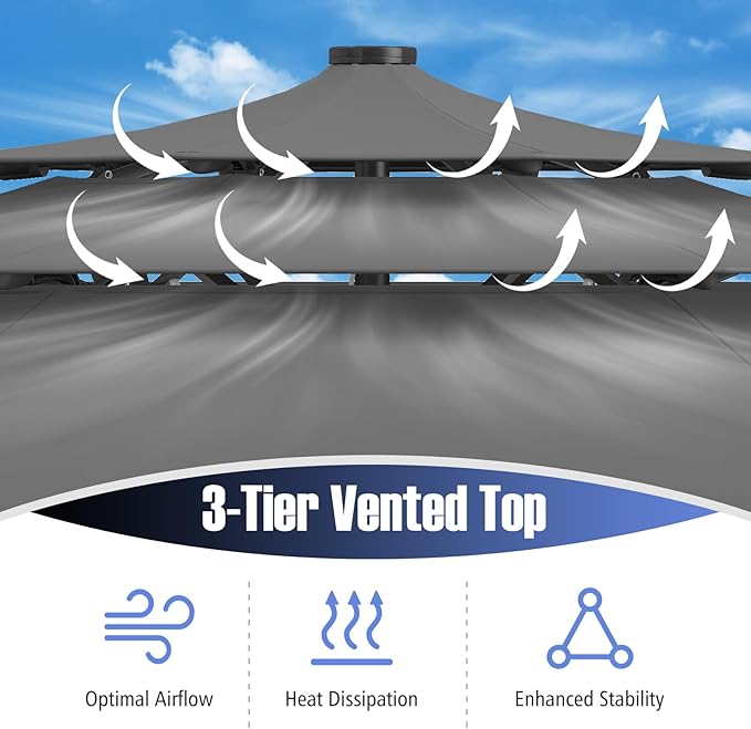 Tangkula 10 FT Solar LED Patio Umbrella, 3-Tier Vented Outdoor Market Table Umbrella with 32 LED Lights, Tilt Adjustment, Crank Handle, 8 Ribs for Backyard Pool Deck (Gray)