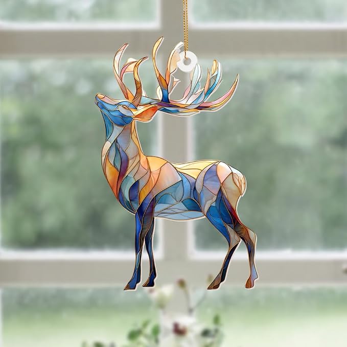 Stained Glass Deer Christmas Ornament 2025 – Reindeer Tree Decoration, Acrylic Suncatcher Window Hanging, Holiday Home Décor & Gift for Wildlife Lovers(Sun-06)