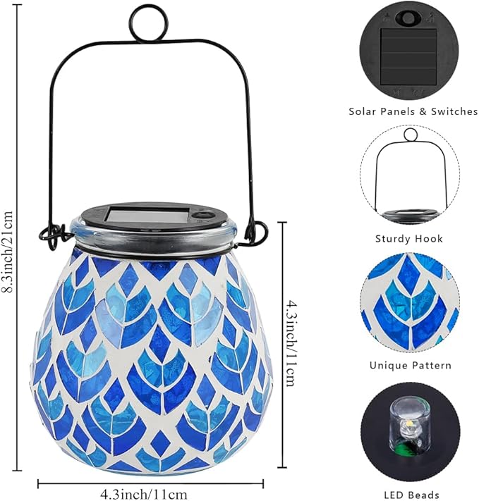 Stargarden 2Pack Mosaic Solar Lanterns, Blue Glass Hanging Lantern Waterproof Outdoor Hanging Solar Lights Table Lamp for Garden ,Patio,Yard Decor