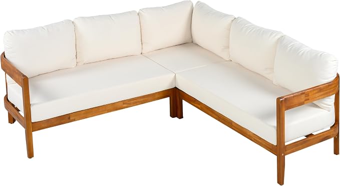 Outdoor Patio Conversation Furniture Set, Acacia Solid Wood Patio Furniture Set with 6 Soft Seat Cushions and Backpack, L-Shaped Outdoor Corner Sofa with Arc Frame for Backyard, Garden (White/16)