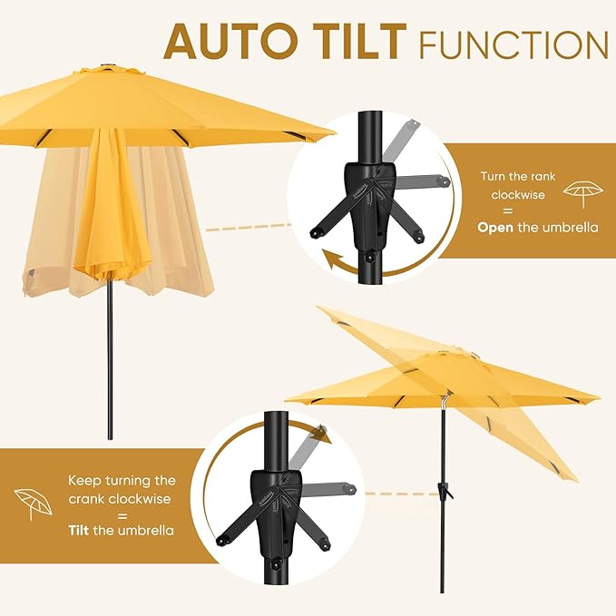 Tempera Patio Market Outdoor Table Umbrella with Auto Tilt and Crank, Large Sun Umbrella with Sturdy Pole & Fade Resistant Canopy, Easy to Set
