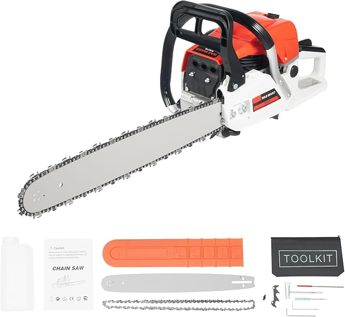 20 Inch Gas Chainsaw, 52CC Single Cylinder Air-cooled 2 Stroke Engine Gasoline Chainsaw, 2000W Portable Hand Pull Start Chain Saw for Cutting Wood Tree Trimming, 7500rpm