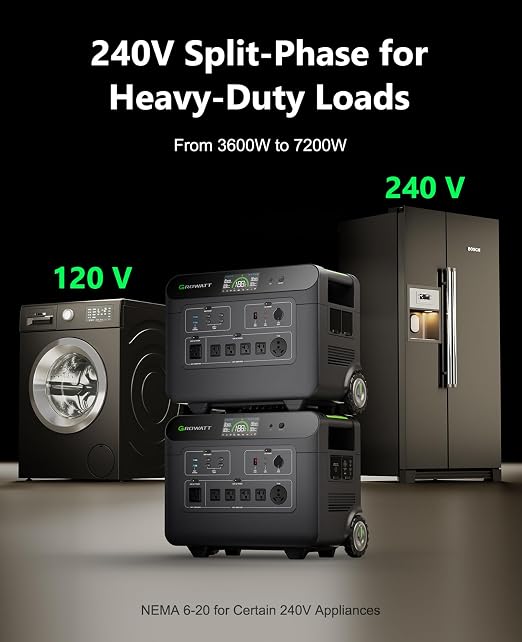 GROWATT Home Battery Backup,120V/240V 7200W AC Output Solar Generator, 2 HELIOS 3600 Portable Power Station with Double Voltage Hub,LiFePo4,Expandable to 36kWh for Home Backup, RVs, Outdoor Camping