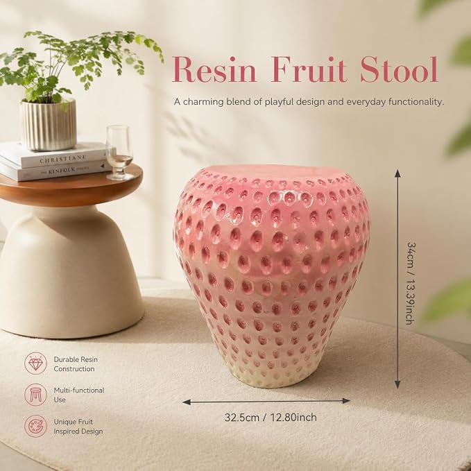 Realistic Fruit Stool, Small Resin Footrest Side Table, Indoor/Outdoor Decorative Plant Seat for Garden, Patio, Playroom, Kids' Room, Weather-Resistant (Pink Strawberry)