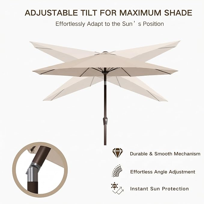 Kingdura 9FT Outdoor Patio Umbrella with Solar Lights, Market Table Umbrella with Push Button Tilt & Crank, 8 Sturdy Ribs, 32 LED Lights, UV Protection for Garden Lawn Deck Backyard Pool (Beige)