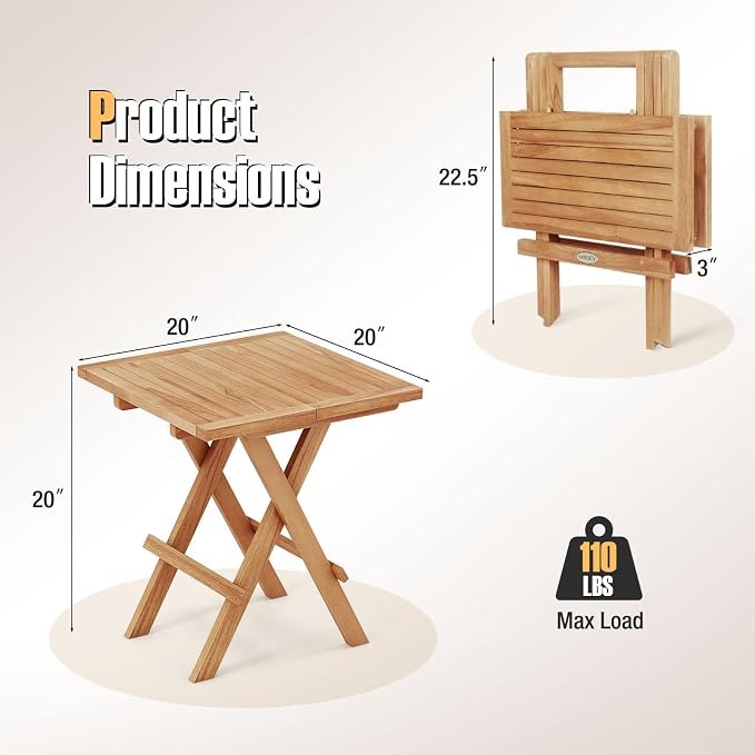 RELAX4LIFE Folding Outdoor Side Table - Teak Wood End Tables, 20'' Square Coffee Bistro Table w/Slatted Tabletop, Portable Picnic Camp Tables for Poolside Porch Garden, Foldable Small Patio Table