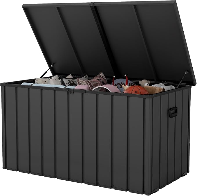 Domi 200 Gallon Metal Deck Box, Waterproof Outdoor Storage Box with Lockable Lid, Large Pool Storage Cabinet for Patio Furniture Garden Tools Pool-Supplies, Grey