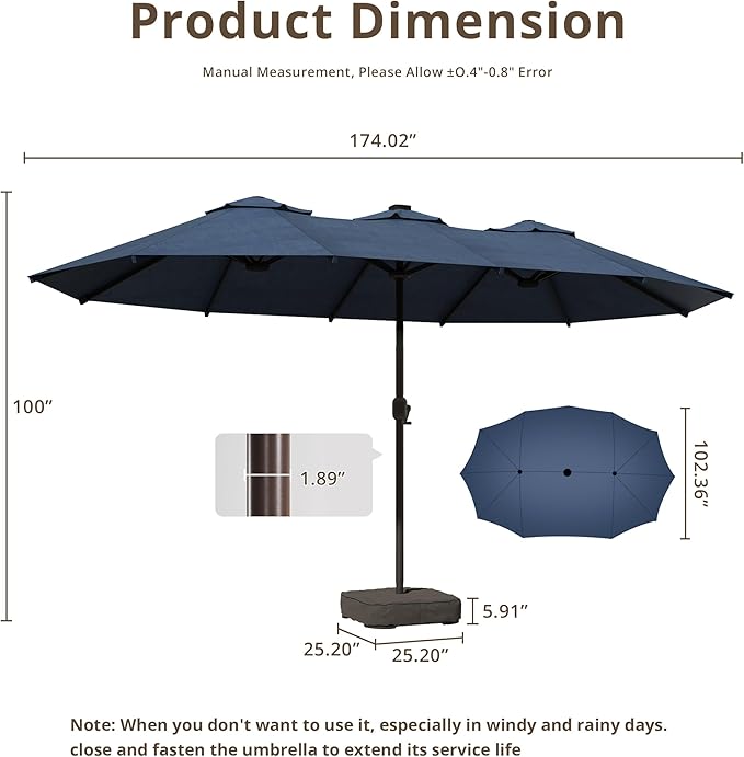 15Ft Patio Umbrella - Large Beach Umbrella W 12 Sturdy Ribs,UPF50 Outdoor Table Umbrella,Picnic Market Umbrella W Base Crank Handle for Pool,Yard,Garden