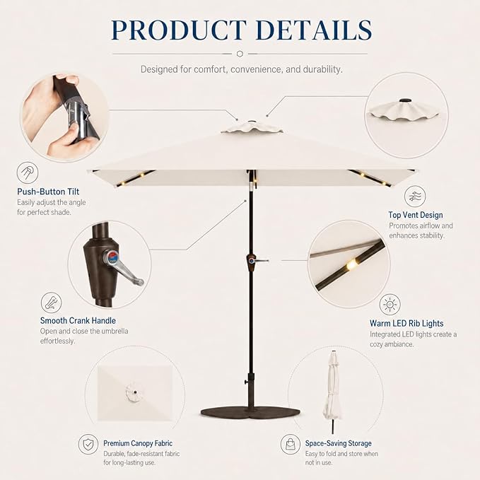 6.5 x 10ft Rectangular Patio Umbrella with Solar Lights, 16 LED Lighted Market Umbrella with Push-Button Tilt and Crank, 6 Sturdy Iron Ribs for Garden, Deck, Pool, Creamy White