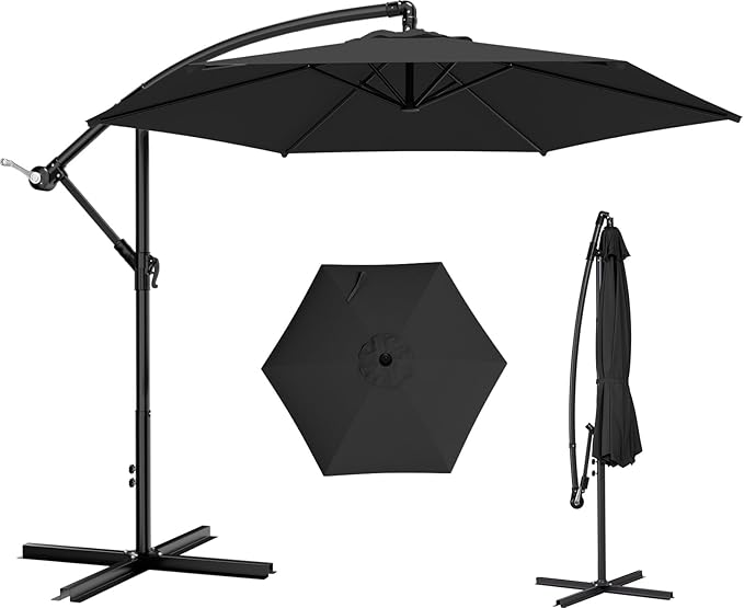 AreShark 10FT Patio Outdoor Umbrella, Offset Patio Umbrella Cantilever Umbrella, 6 Sturdy Ribs, Easy Adjustment for Garden Market Pool with Cross Base (Black)