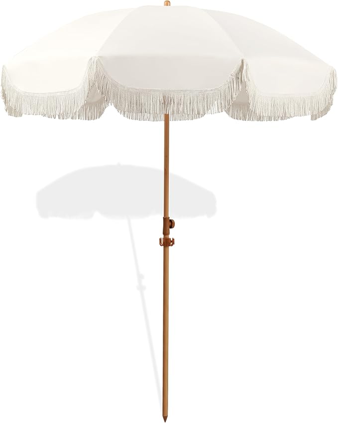 Seazul 7.5ft Patio Umbrella with Fringe, Beach Umbrella, Fringe Umbrella Outdoor Patio with Hanging Hook, Tilting Aluminum Pole, UV 50+, Fiberglass Ribs, Elegant Cream