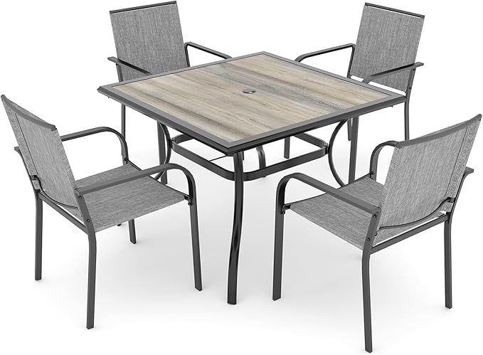 Anmutig 5-Piece Outdoor Patio Dining Set 37 Inch Square Wooden-Like PVC Table with 4 Stackable Chairs for Garden Backyard Grey