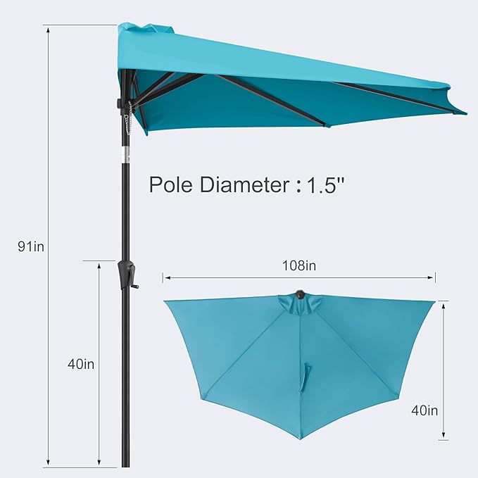 FLAME&SHADE 9ft Half Patio Umbrella - Half Outdoor Umbrella with Tilt UV Protection Waterprool, Half Round Table Umbrella for Wall Balcony, Pool, Porch, Garden, Deck, Market, Backyard (Aqua Blue)