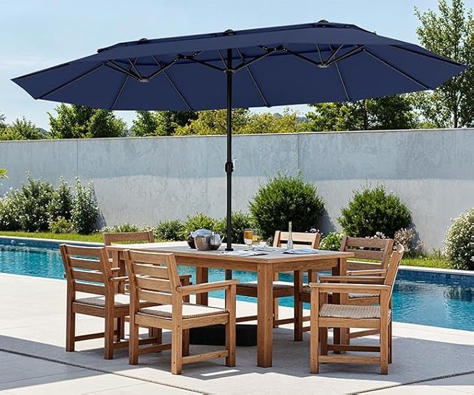 PHI VILLA 15ft Large Patio Umbrellas with Base Included, 2-Tier Outdoor Double-Sided Rectangle Market Umbrella with Stand, Outside Umbrellas for Poolside Lawn Backyard, Blue