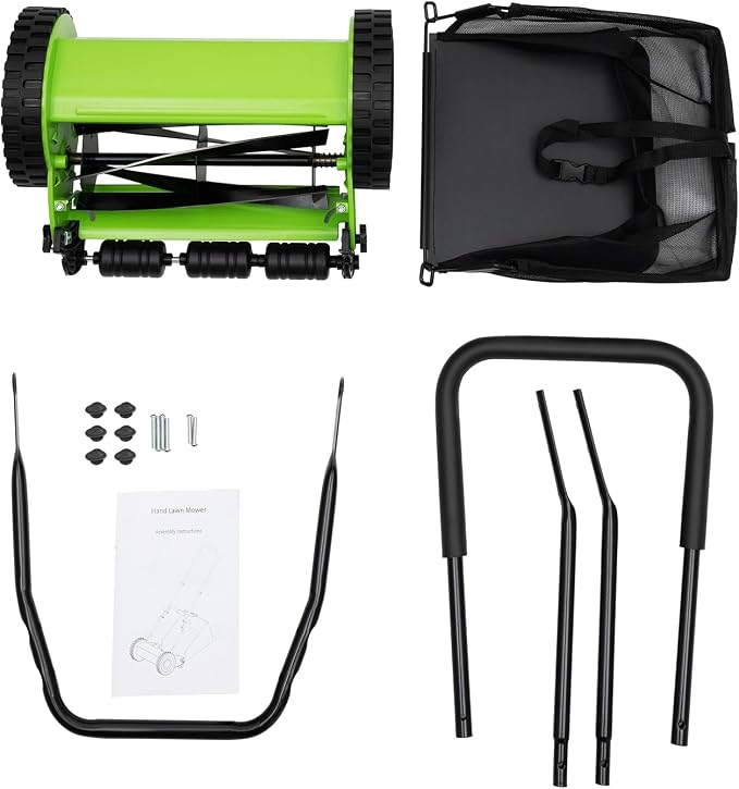 5-Blade Wheeled Manual Lawn Mower, 12 Inch Manual Push Reel Lawn Mower Push Lawn Sweeper, 0.67-1.3 in Adjustable Cutting Height Walk-Behind Lawn Mowers with 6-Gallon Collection Bag for Yard, Garden