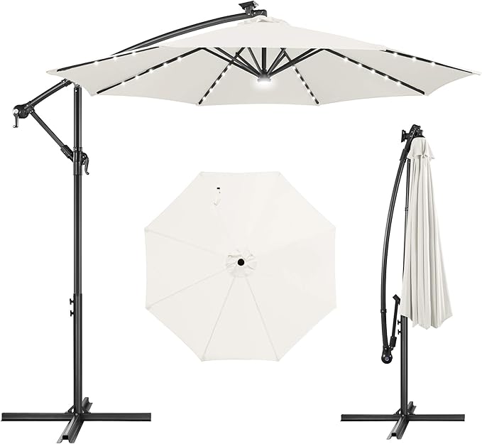 Solar Offset Patio Umbrella - 10 FT Solar Cantilever Umbrella Outdoor with 40 LED Lights and Cross Base, UV Protection for Garden, Deck, Backyard, Pool, Porch, Ivory
