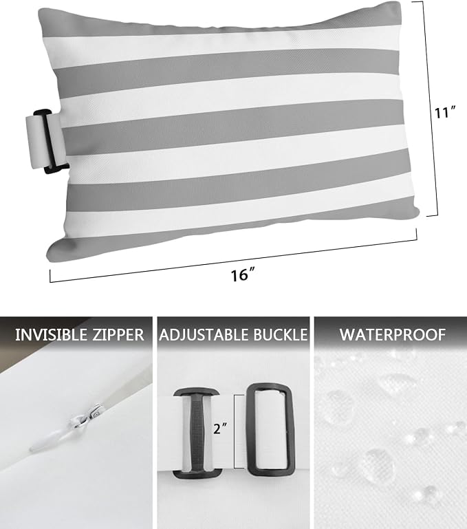 Outdoor Pillows Covers with Inserts Gray and White Stripe Waterproof Recliner Pillow with Adjustable Strap Throw Pillows for Patio Furniture Pool Lounge Chair, 11x16 inch, 1PCS