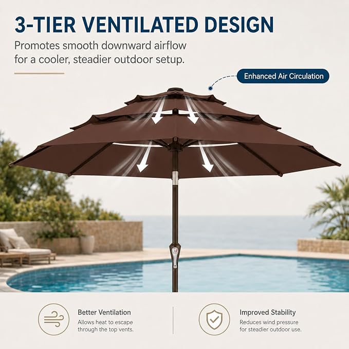 10ft Patio Umbrella, 3-Tier Vented Outdoor Table Umbrella with 8 Sturdy Fiberglass Ribs, Windproof Market Umbrella with Push Button Tilt and Crank, UV Protection for Deck, Pool, Brown