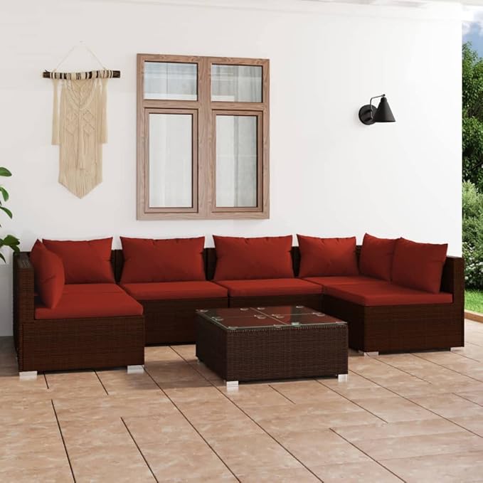 7 Piece Patio Lounge Set with Cushion, Outdoor Patio Sectional Piece Patio Set Furniture Conversation Sets Patio Lounge Set s Poly Rattan Brown
