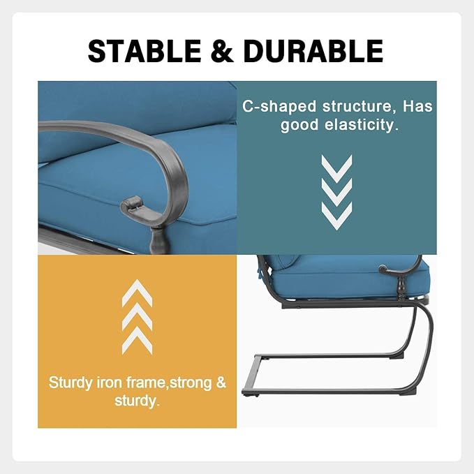 Outdoor 3 Pcs Patio Bistro Spring Set Motion Metal Lounge Chairs and Round Table, Steel Conversation Set with Washable Cushions, Peacock Blue