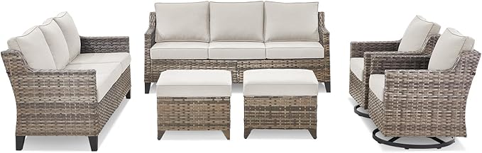 Wicker Patio Furniture Set-6 Piece High Back Outdoor Furniture Set Sectional Sofa with Wicker Swivel Rocker Patio Chairs,Thick Cushions Ottomans for Porch Balcony Patio Deck Grey/Beige