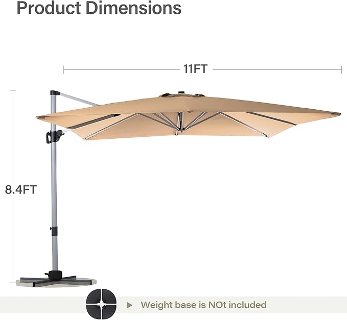 LAUSAINT HOME 10FT Square Cantilever Patio Umbrella with Solar Lights, Windproof Heavy Duty Offset Outdoor Umbrella for Backyard, Pool, Garden & Deck,Khaki