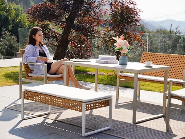 Grand patio 5-piece Outdoor Dining Set, Wicker Patio Dining Table Set for 6 with Seat Cushion, Modern Metal Outdoor Furniture Loveseat Chairs Bench Set for Backyard Garden Deck